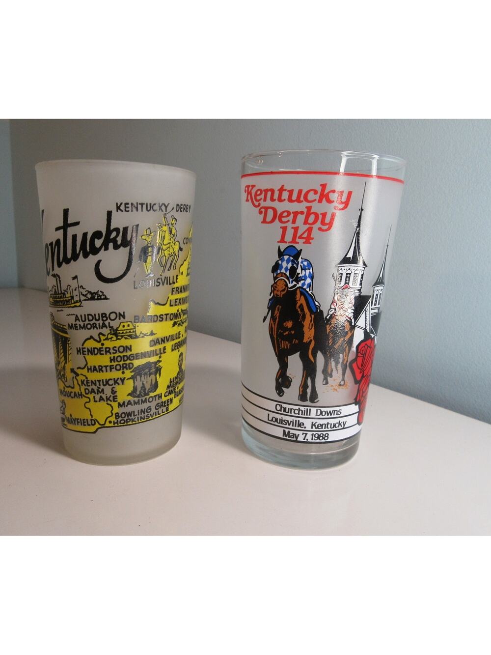 Vtg 1988 Kentucky Derby Churchill Downs 1960's Kentucky State Water Glasses